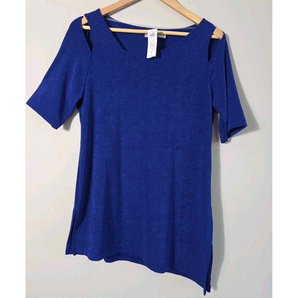 Chico's Travelers Blue Top Size 1 M/L Cold Shoulder Stretch Hi-Low Hem NWT